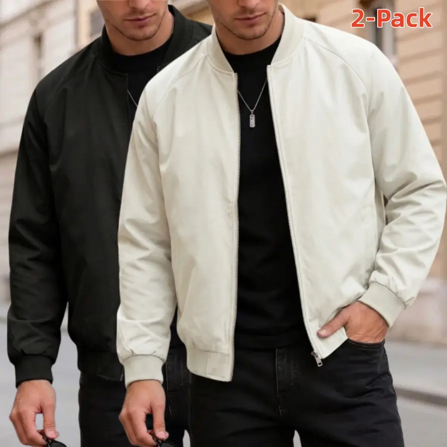 Men's 2-Pack Bomber Jackets, Classic Stand Collar Zip Up Lightweight Windbreaker Coat, Elastic Cuffs Casual Outdoor Windproof Baseball Jacket, Loose Fit Thin Daily Outerwear Available Sizes M-5XL