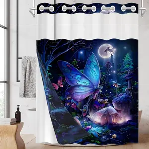 1PC 2D Flat Enchanted Forest Butterfly Shower Curtain, Magical Moonlit Design, Waterproof & Detachable Liner, Bathroom Curtain (No Hooks), Shower Essentials