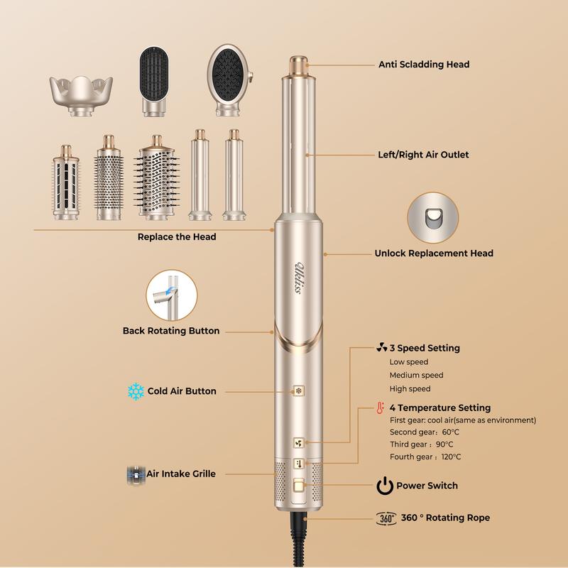 UKLISS FusionAir DIY HairStyler Champagne Gold 90-Day Free Trial & Refund 2 Year Warranty 110000RPM HairCurler + HairStraightener + HairDryer + HotAirBrush + LowTemperatureHairCare + NegativeIons + BlowoutBoost + HairDiffuser + Fluffier