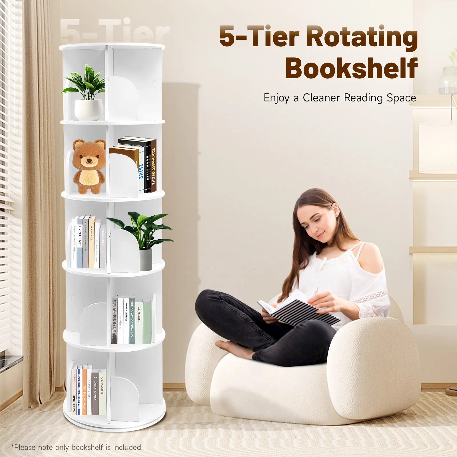 Modern White 5-Tier 360-Rotating Freestanding PVC Bookshelf, 20 Compartments, Sturdy Space-Saving Large-Capacity Bookcase for Home, Office