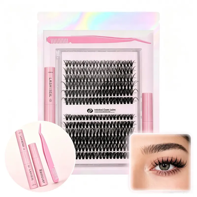 Makeup 30D-40D Individual Cluster Lash Extension Kit, 9-17MM Mix Length Ultra Thin Band Soft Wispy Volume Set, DIY Self-Application Kit with Bond, Seal, Remover & Tweezers for Beginners