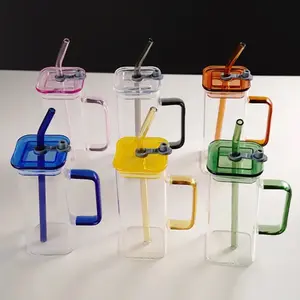 Square Glass Cups with Lids and Straws Coffee Cups