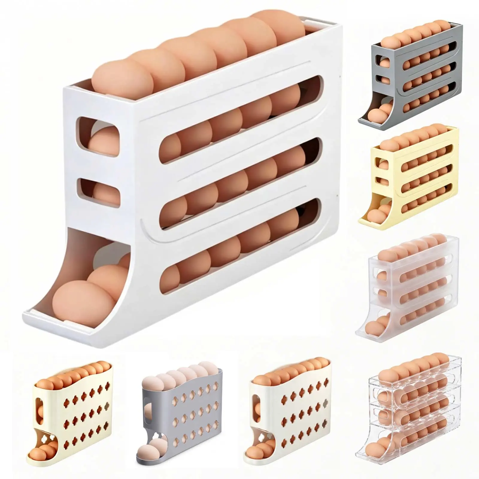 Auto-Rolling Egg Holder for Fridge – 4-Tier Space-Saving Dispenser Holds 28 Eggs, Cream Organizer with FREE Flower Egg Cutter