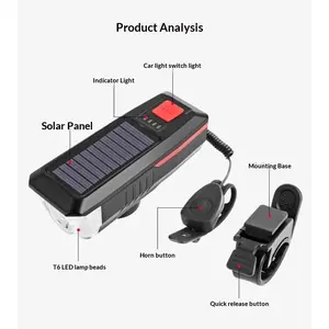 Solar Powered Bicycle Front Light + 120db High-Volume Horn, USB Direct Charging, Night Riding Bright Beam, Mountain Bike Flashlight