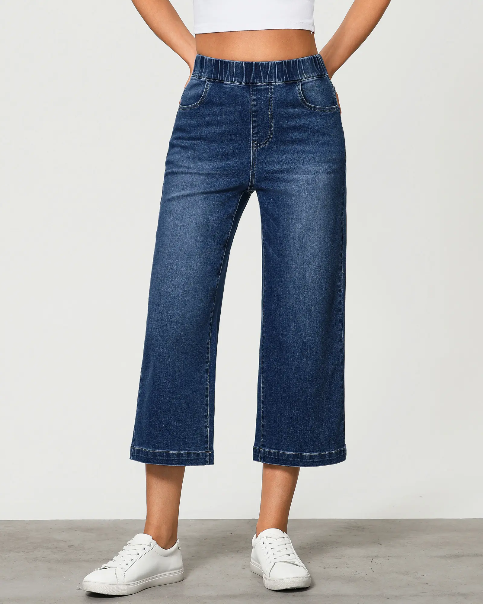 GRAPENT Women's High-Waisted Wide-Leg Wide Hip Capri-Style Jeans with Pockets - Casual Fit Chic Summer Below-The-Knee Denim Bottoms, Wide Hip Jeans,summerwins,summeroutfits,vacationoutfits,beachoutfits