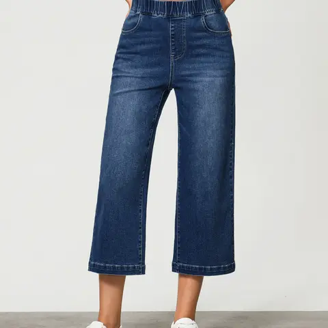 GRAPENT Women's High-Waisted Wide-Leg Capri Jeans with Pockets - Chic Casual Below-Knee Hem Bottoms, Neat Finish, Ideal for Beach & Daily Casual Wear, Bottom, Jeans For Women
