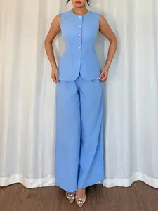 Spring Summer New Light Blue Sleeveless Vest + Wide Leg Pants Two-Piece Set, Fitted Waist Cinching Design, Office Casual Chic