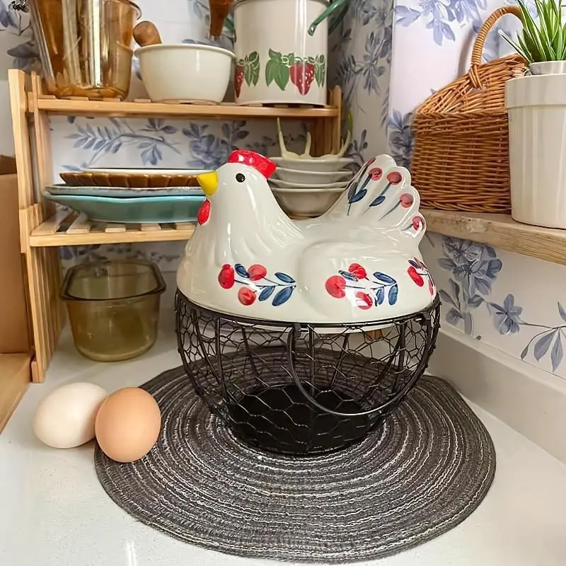 Ceramic Egg Basket with Metal Wire and Lid, Farmhouse Style Decorative Chicken Egg Storage for Kitchen Counter Eggs Fruits Vegetables dispenser rack
