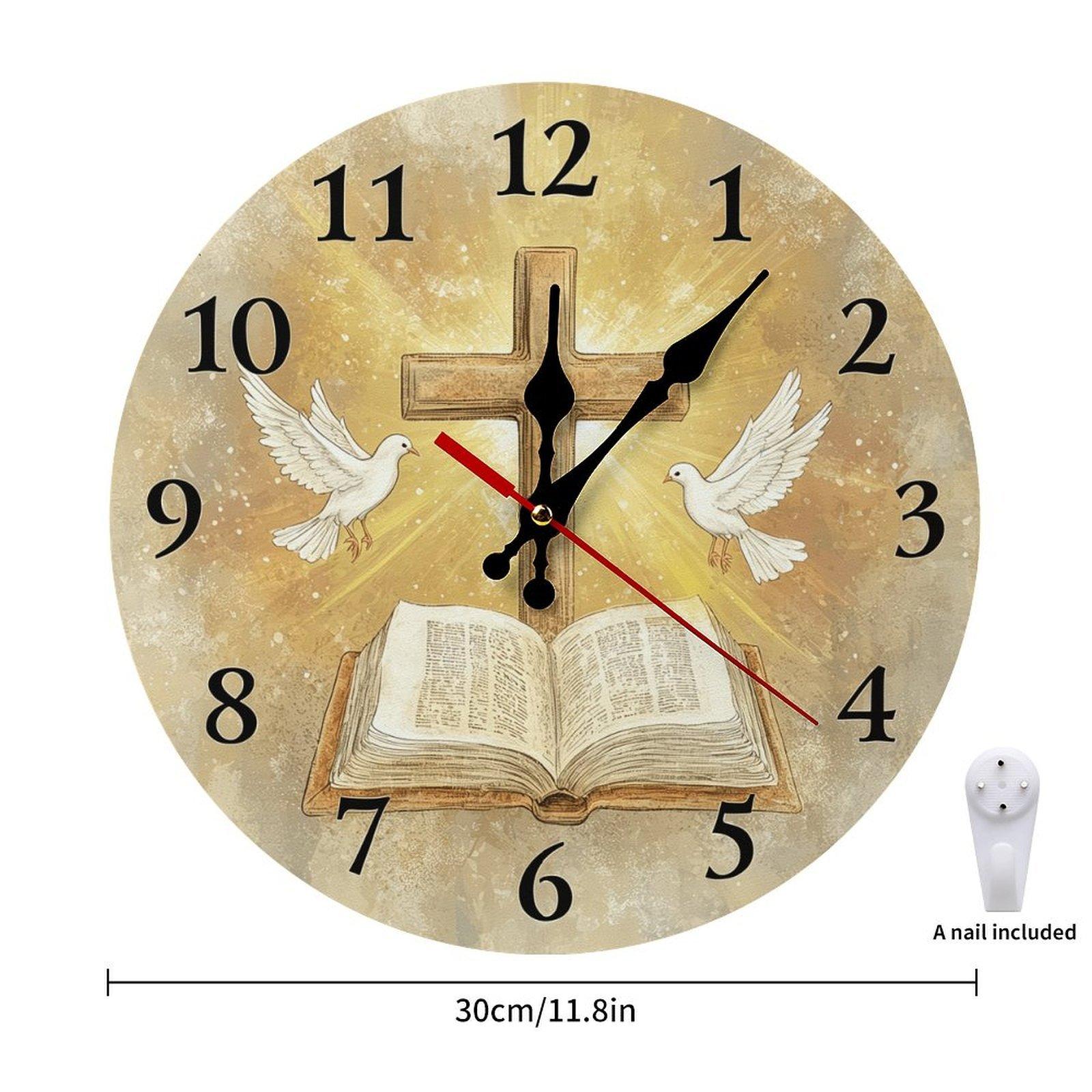 12 Inch Christian Cross Bible Dove Wooden Wall Clock | Silent Non-Ticking Religious Christian Decor, No Battery Included, Perfect for Home, Church, Prayer Room