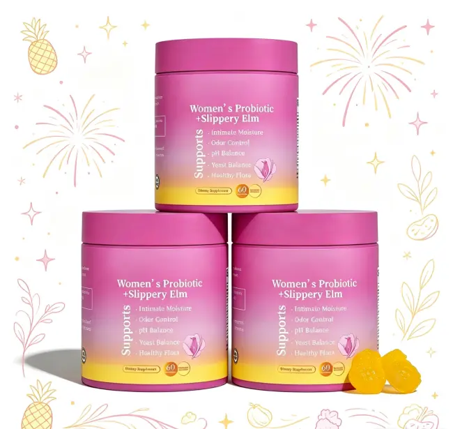 Her Juicy 60ct Pineapple Feminine Gummies | Slippery Elm & Prebiotics for pH & Gut Health Her Juicy Women's Probiotics Gummies Pineapple Flavor Slippery Elm Probiotic Gummies, Science Supported Vaginal pH Balance Supplement