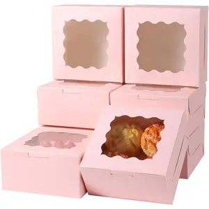 100 count 6x6x3 Inches Small Cake Box with Window, Bakery Pastry Cookie Boxes, Mini Pie container for Pastry,Dessert,Strawberries,Chocolates, Cupcakes with paper stickers ()