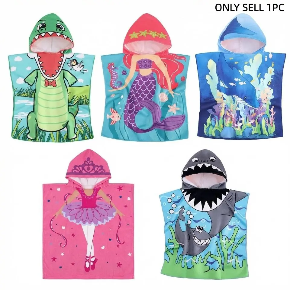 Cartoon Cute Hooded Bath Towel Cape, Quick-Dry Beach Towel for Kids, Unisex Swimwear, Baby Shower Wear, Absorbent and Durable