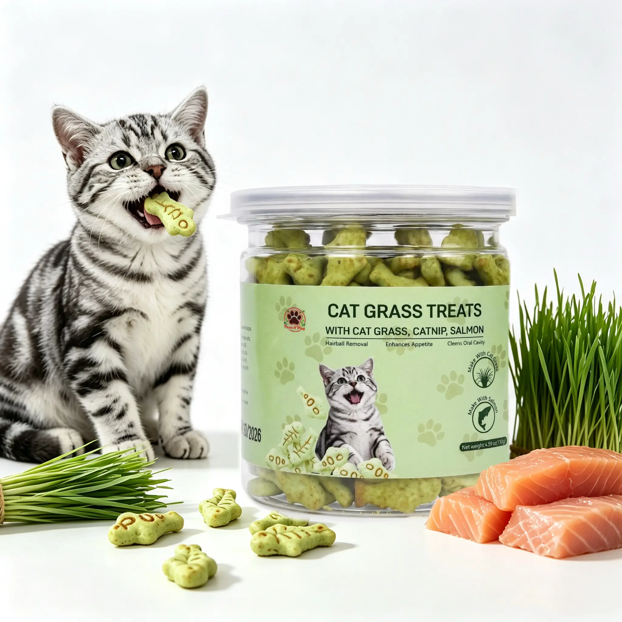 Cat Grass Treats for Hairball Control Hairball Control Natural Salmon Healthy Cat Grass Treats Kitten Snacks cat Training Biscuits Snacks for Teeth Cleaning
