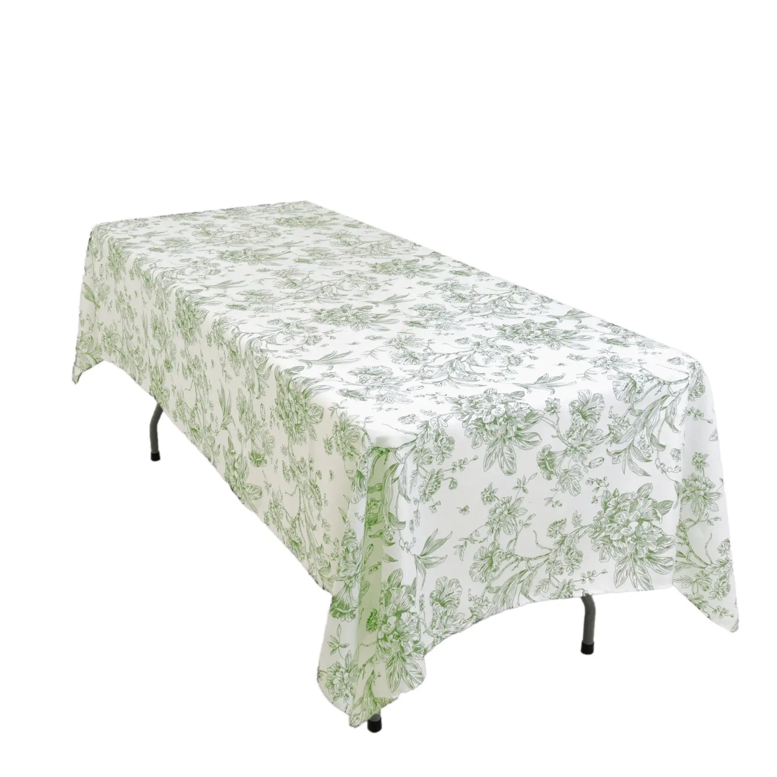 White & Dusty Sage Green French Toile Polyester Rectangle Tablecloth - 60"x102" Outdoor Furniture Table Accessory, Machine Washable for Elegant Gatherings, Weddings, Wedding