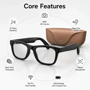 8 million pixel camera multifunctional Chargeable Wearable smart glasses with AI voice assistant, first person video recording, open headphones, real-time translation, voice assistant, leather charging case for travel and daily use