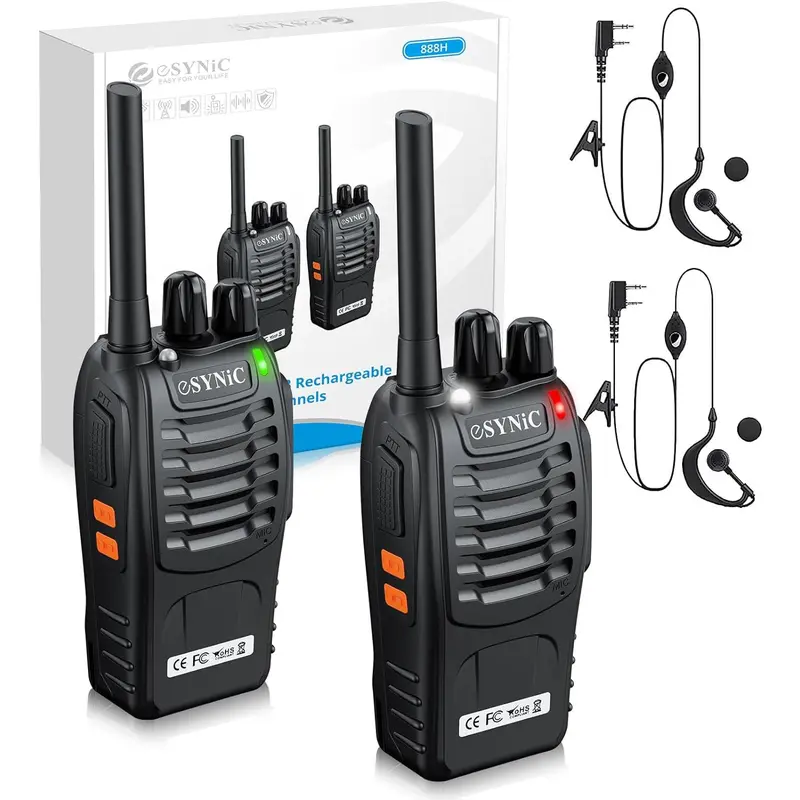 eSynic 2Pcs Durable 2-Way Radio Walkie Talkies for Adults - Rechargeable Li-ion Business Devices, 16 Channels, VOX Function, Original Earpieces, Batteries, Waterproof, Interference-Free Conversations, High-Quality Audio, Easy of Use for Hiking, Daily Use