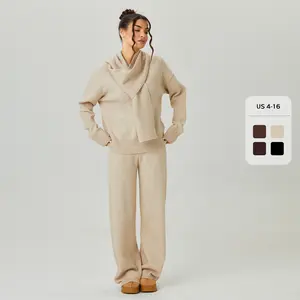 Women's Slouchy Long Sleeve Sweater with Scarf & Wide Leg Trousers Co-ord, Minimalist Two Piece Outfits, Cozy Solid Color Going Out Set