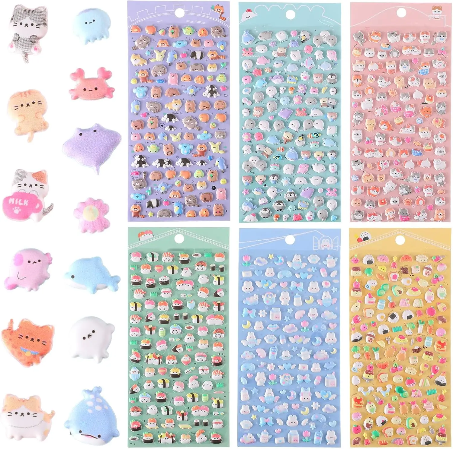 Cute Mini Puffy Stickers, 6 Sheets 3D Animal Stickers, Tiny Sticker Funny Food Cartoon Pattern for Phone Case, Notebooks, Scrapbook, Crafting and Gifting