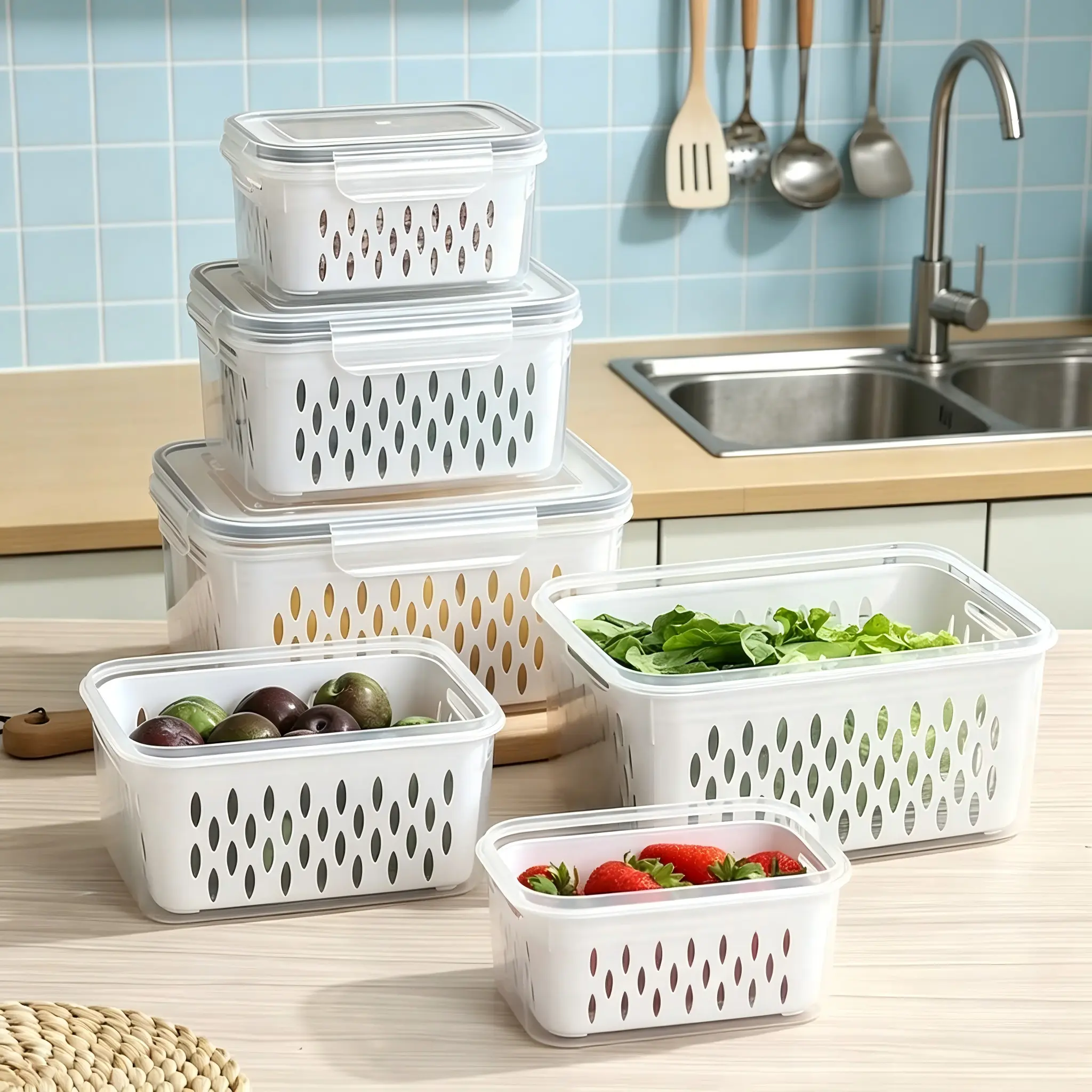 3 Pack Fridge Storage Containers, Portable Stackable Fruit & Veggie Storage Set, Leak Proof Reusable Food Organizer for Kitchen Refrigerato