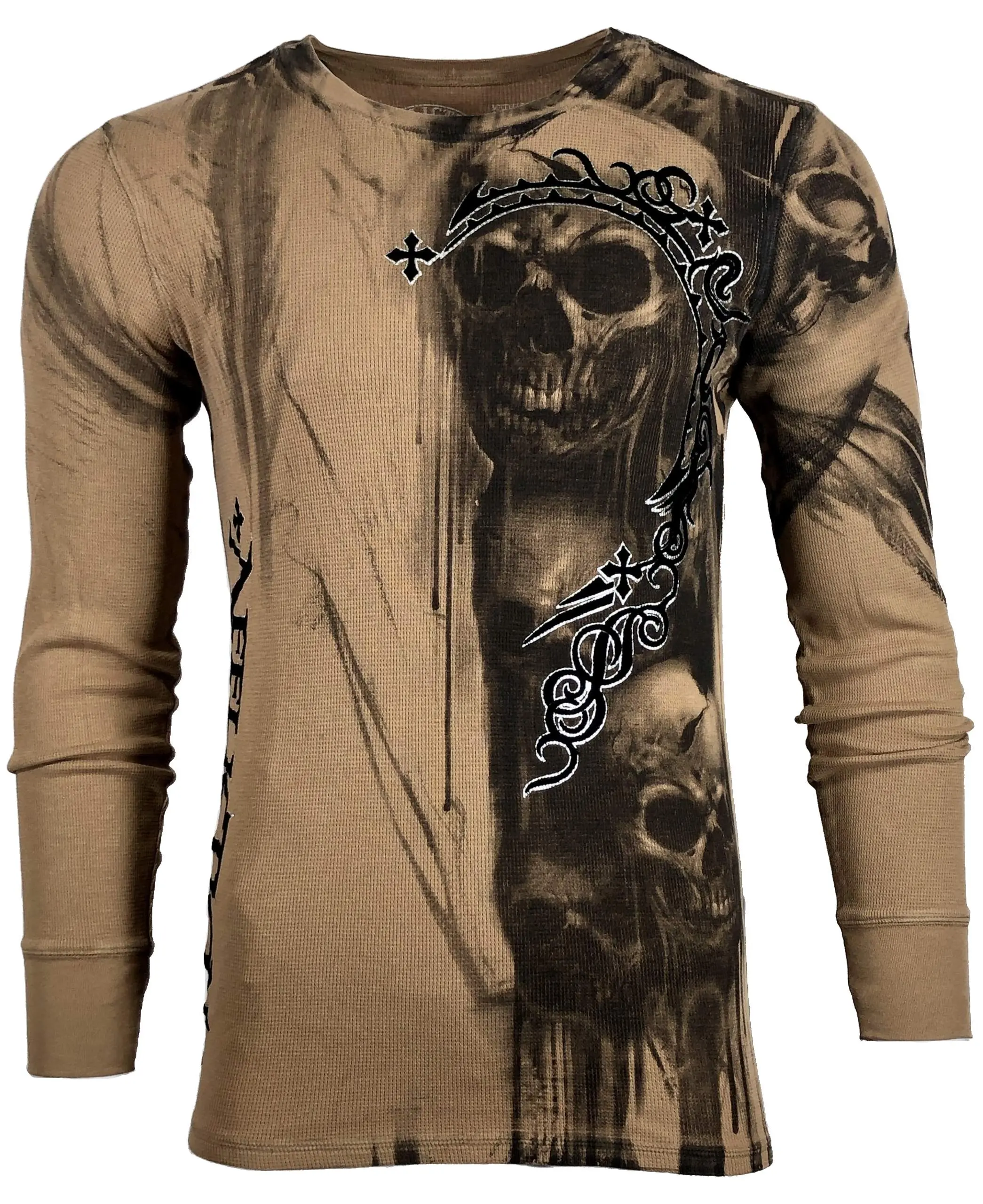 Affliction Men's The Walking Dead Graphic Long Sleeve Thermal Top, 100% Cotton Menswear Base Layer in Tobacco Brown