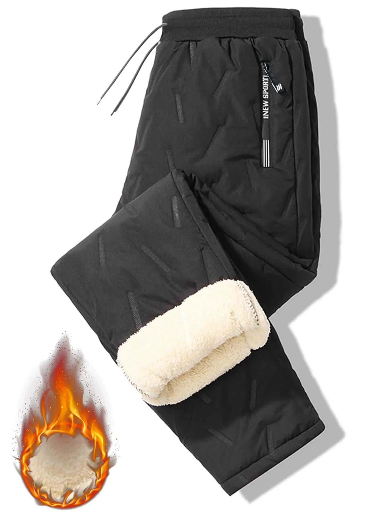 Men's Pocket Zipper Drawstring Winter Pants, Athletic Casual Regular Fit Plain Thermal Lined Trousers, Men's Bottoms for Winter