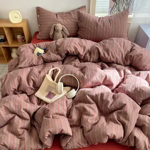 3/4pcs Plaid Striped Colorblock Floral Pattern Soft Cloudy Button Vintage Bedding Set, Breathable Skin-Friendly Home Bedroom Quilt Sheet Pillowcase Set