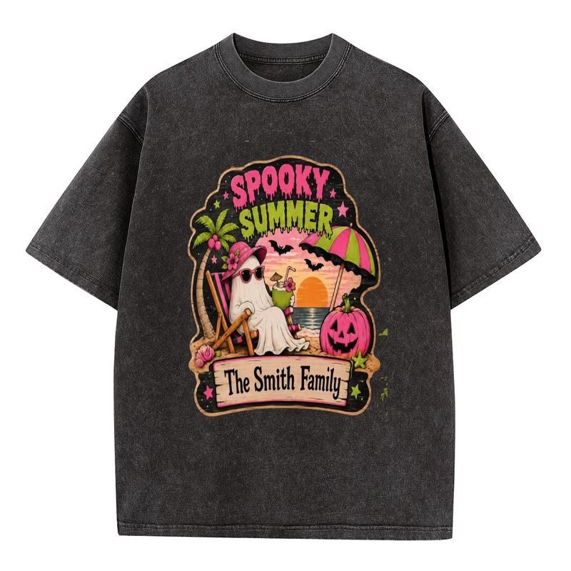 Women's Plus Size Combed Cotton Casual Oversized Tee - Lightweight Short Sleeve Crew Neck, Ghost Print, Vintage Washed, Halloween Beach Streetwear Top with Relaxed Fit