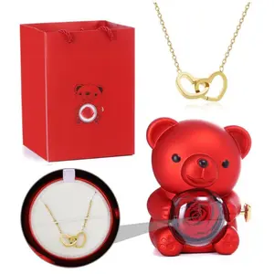 Double Heart Rotating Rose Jewelry Box Hugging Bear Preserved Flower Gift Box Rose Bear Necklace Gift Set