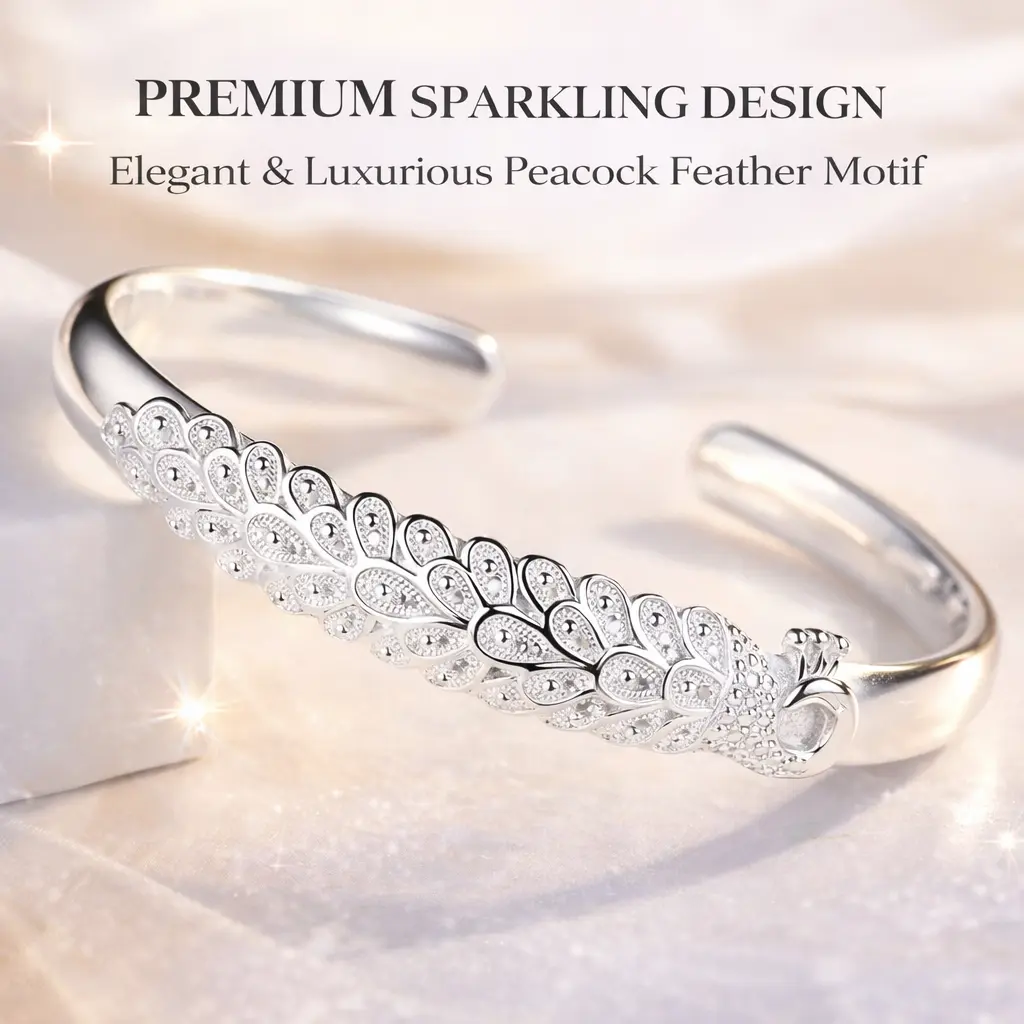 Women's Adjustable Peacock Feather Cuff Bracelet - Silver Open Bangle with Sparkling Crystals, Fashion Party Costume Jewelry Gift, Luxurious, Peacock Feather Motif, Adjustable Opening, All Seasons, 10 Cm Expandable, 6 Cm Inner Diameter