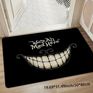 Cheshire Cat Smile We're All Mad Here Slogan Rug, Decorative Area Rug, Alice in Wonderland Gothic Decor, Velvet 8mm Thick Non-Slip 850gsm Carpet, Machine Washable Soft Durable Floor Mat for Entryway Living Room Bedroom Welcome Mat