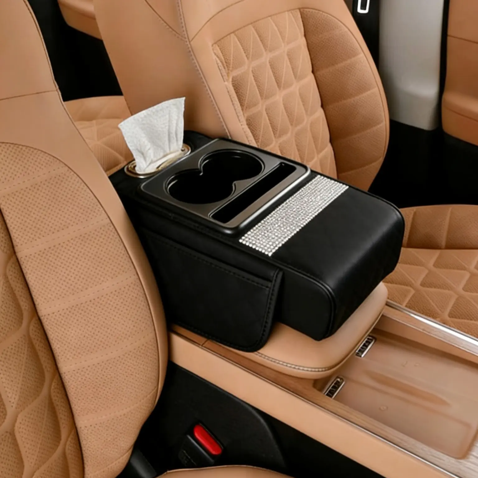 Elegant Premium Leather Universal Car Armrest Box - Center Console Storage Organizer, Car Organization Supplies for Drivers with Cupholder, Multiple Pockets, Tutu LED Light, Memory Foam Pillow, Compartments for Interior Stowing & Seat Comfort, Drink Cup H