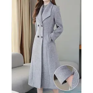 Double Breasted Lapel Longline Jacket,Elegant Long Sleeve Pockets Simple Slim Overcoat For Fall & Winter, Women's Clothing Chic Womenswear Polyester Can be used with raincoat