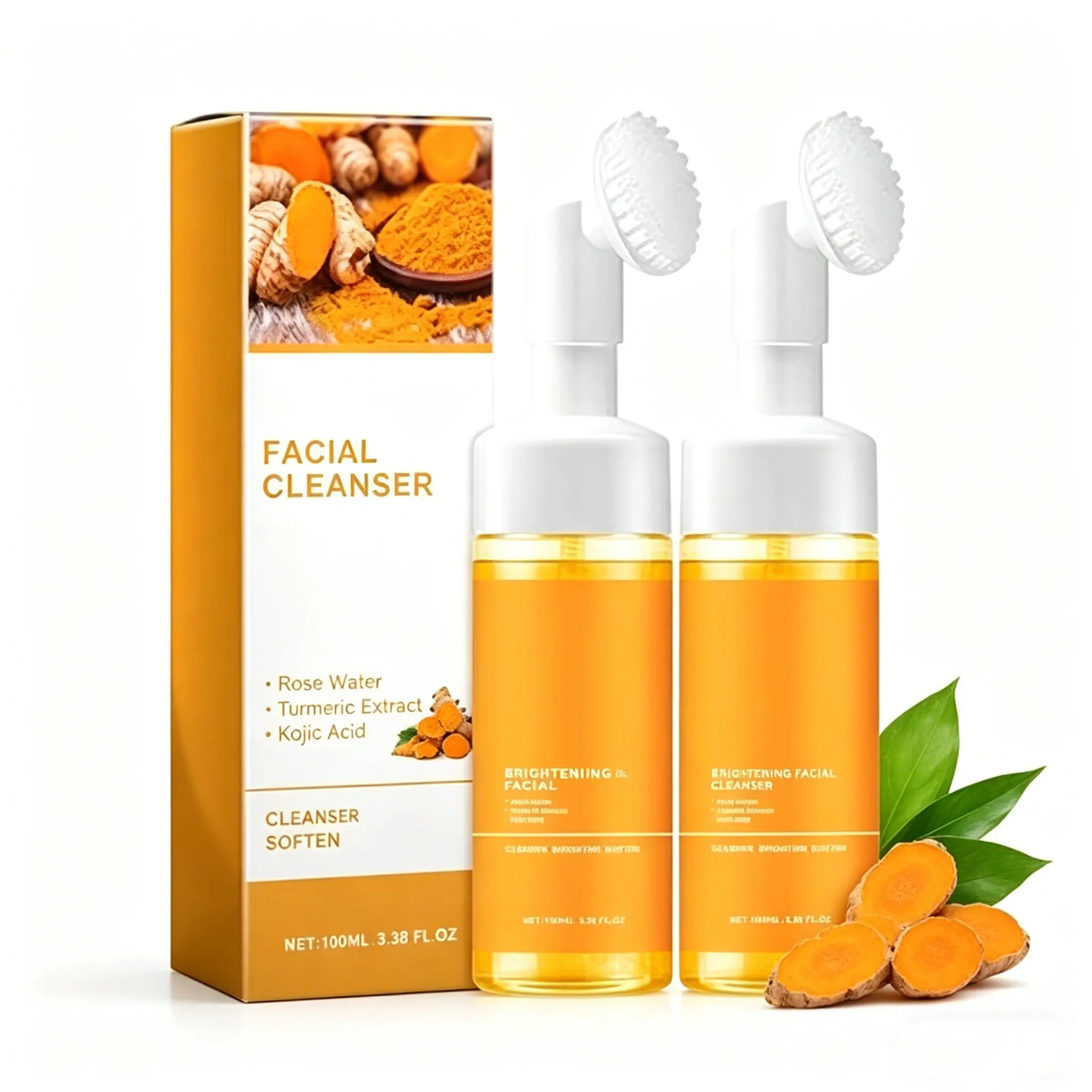Gentle Daily Facial Cleanser - Turmeric & Kojic Acid Brightening Foaming Mousse with Silicone Brush for Dry Skin, 100ml Facial Wash for Daily Use, Single Item Fresh Cleanser
