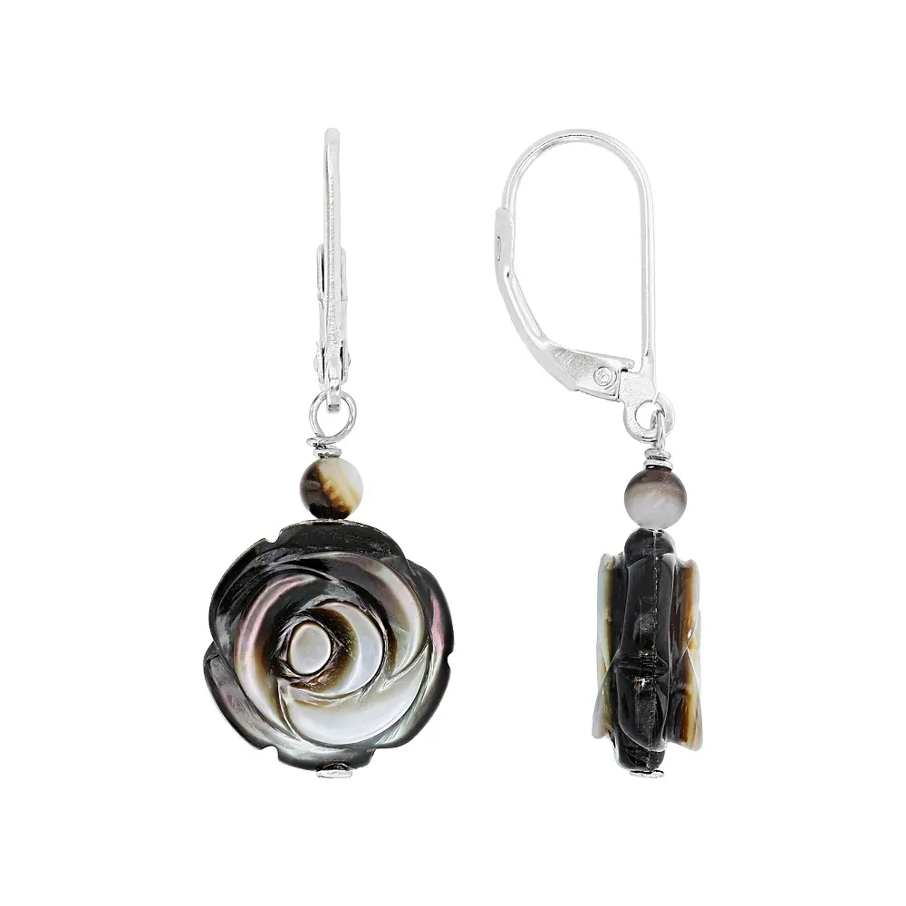 JTV Tahitian Black Mother-of-Pearl Rhodium Over Sterling Silver Flower Earrings