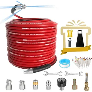100FT Sewer Jetter Kit for  Washer,1/4 Inch NPT Sewer Jetting Hose, Washer Drain Cleaner Hose 5800PSI with Sewer Jetter Nozzles, Gloves,  Tape, Apron (100FT)