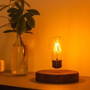 Magnetic Levitation Floating Light Bulb Lamp, 360° Rotating LED, Round Wood Grain Base, Light Luxury Desk Night Light Decor