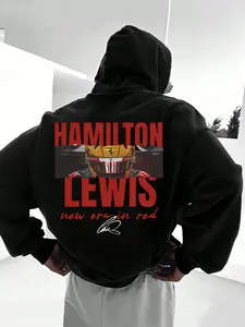 Hamilton Lewis Printed Fleece Hoodie, Fall Winter Long Sleeve Pullover, Drawstring & Kangaroo Pocket Design, Men's Fashion Streetwear