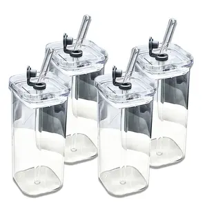 4 Pack Glass Cups with Lids and Straws 13oz SquareGlasses Drinking Set, lced Coffee Cups with LidsReusable Glass Cute Clear Glass Cups, DrinkingGlassware for Beer, Tea, Cocktail, Whiskey, Juice Drinkware Stylish Tumblers