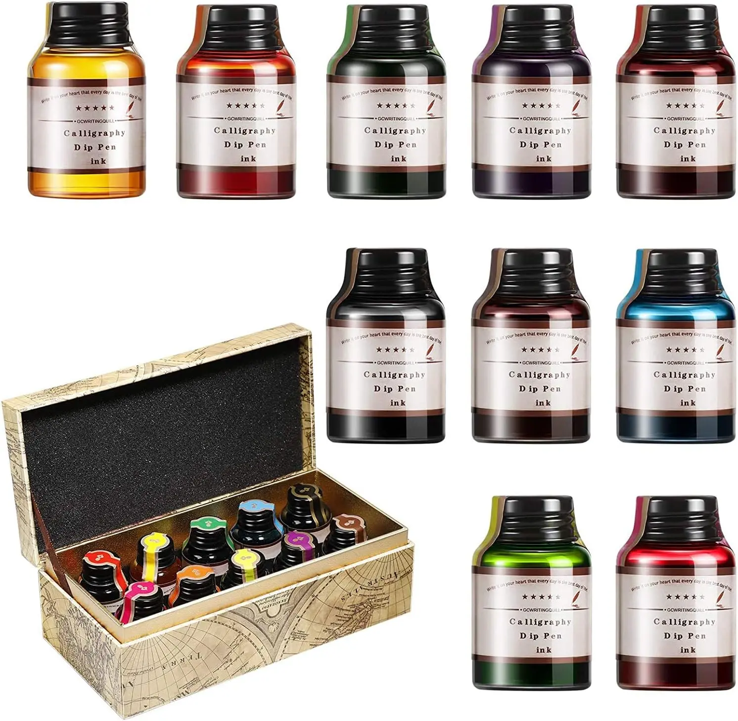 GC QUILL LL-710 Calligraphy Unique Pens Set - 10 Vibrant 20cc Non-Carbon Colored Ink Bottles, Writing Tools for School, Office Stationery Needs (For Authors, Bible Journaling)