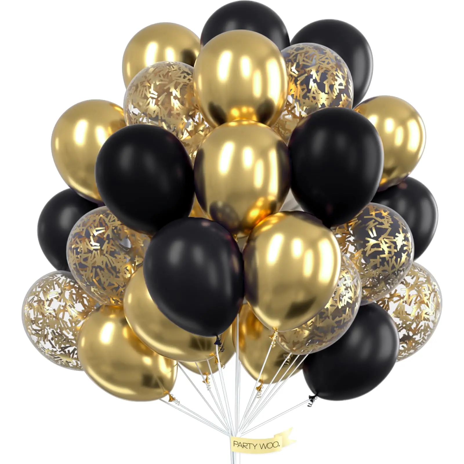 PartyWoo Thick 12-in Metallic Rubber Latex Balloons, 100pcs Floatable Gold & Black Set for Garland, Happy Birthday, Wedding & Retirement Decorations