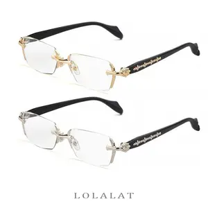 Lolalat-Rimless Chrome Frame EyeGlasses Unisex Clear Eyewear Stylish Diamond-Cut Edges Durable Trendy Presbyopic Fashion Accessory Classic Black Anti-blue Light Blocking