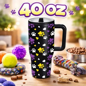 1pc 40oz Stainless Steel Tumbler, Coffee Thermal Cup, Paw Print Travel Mug with Lid and Handle, Fits Car Cup Holder, Keep Hot 12H / Cold 24H, Great for Office & Road Trip, Valentine's Gift for Dog Lovers, Insulated Thermal Mug