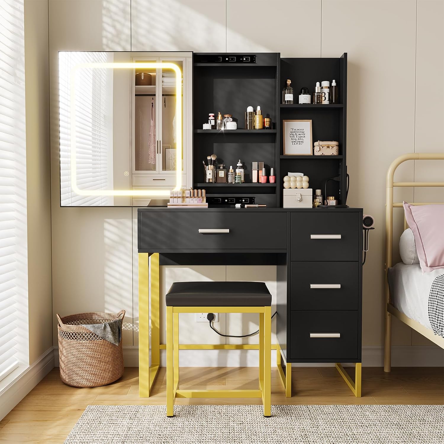 Black Vanity Desk with Mirror and Lights, Makeup Vanity Desk with Sliding LED Lighted Mirror, Power Outlet, Makeup Vanity Set with 4 Drawers, Storage