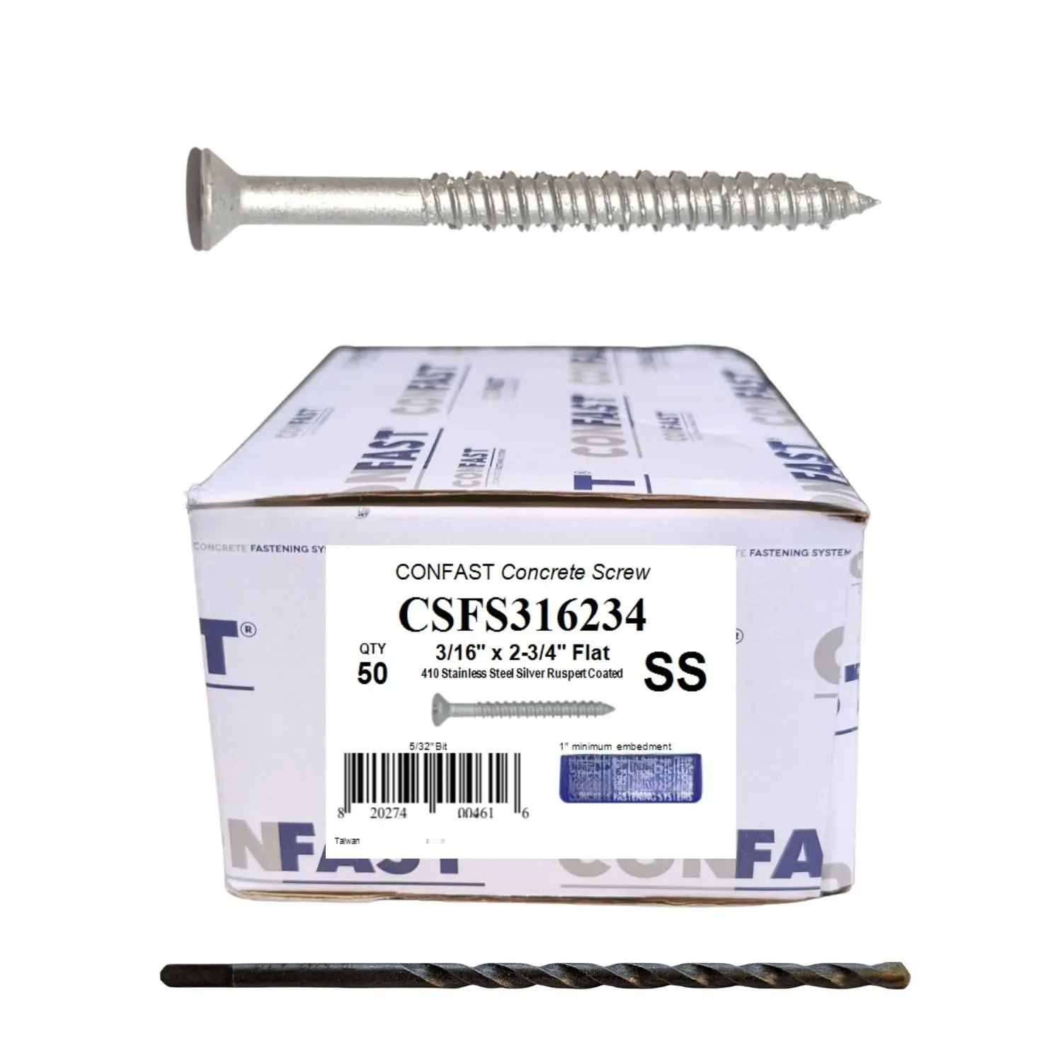 410 Stainless Steel Countersink Screws, 3/16" x 2-3/4" Phillips Flat Head with Concrete Drill Bit, 50-Count Box for Masonry, Block Anchoring