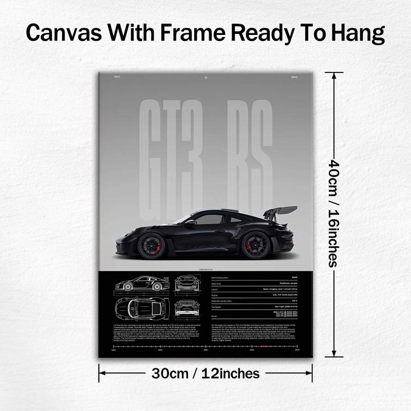 Wooden Framed GT3 RS Canvas Painting High Performance Modern Art Poster for Living Room Bedroom Office Mural Waterproof Finish Gift for Car Enthusiasts