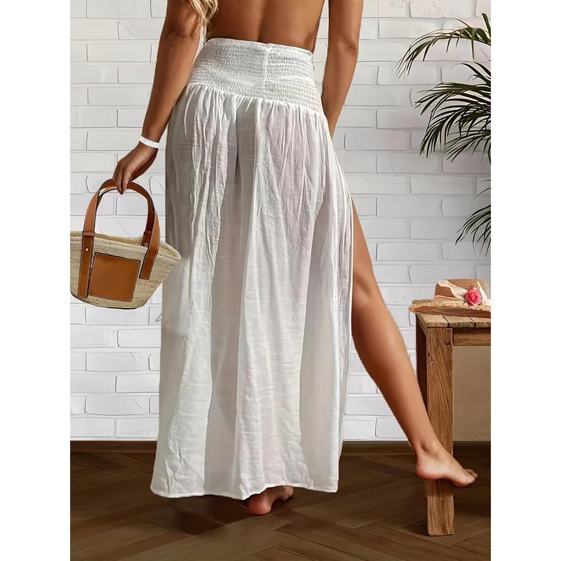 Vibrant Solid Color Shirred Waist Maxi Coverup Skirt - Flowy, Split Thigh,Summer Bottom Basic Chic Elegant   Womenswear Minimalist White