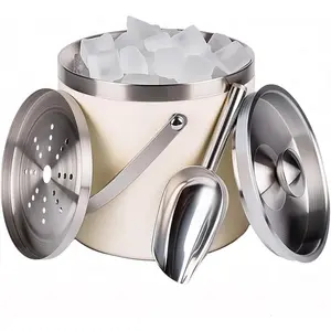 3L Beige-White Double Wall Insulated Stainless Steel Ice Bucket with Scoop for  Bar,Metal Ice Bucket for Freezer with Lid for Parties.ice Container to Keep Ice Colder,bar cart Accessories