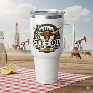 Texas Oilfield Longhorn 40oz Tumbler with Handle, Western Ranch Insulated Travel Mug, Cowboy Cowgirl Gift