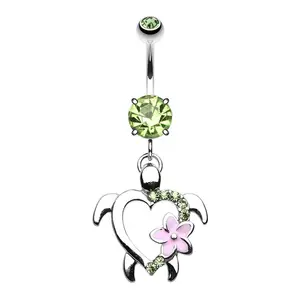 Light Green CZ Crystal Turtle with Hawaiian Flower Dangling Belly Button Ring - Stainless Steel