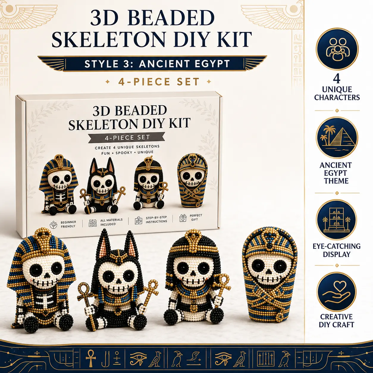 4 in 1 3D Beaded Skeleton DIY Craft Kit, Halloween Handmade Figurine Making Kit, Creative Gift for Teen & Adult Crafters